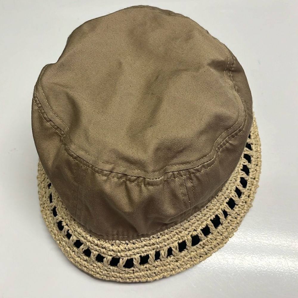 Panama Jack Tan and Cream Protective Bucket Hat with Raffia Ribbon Rim OSFM
